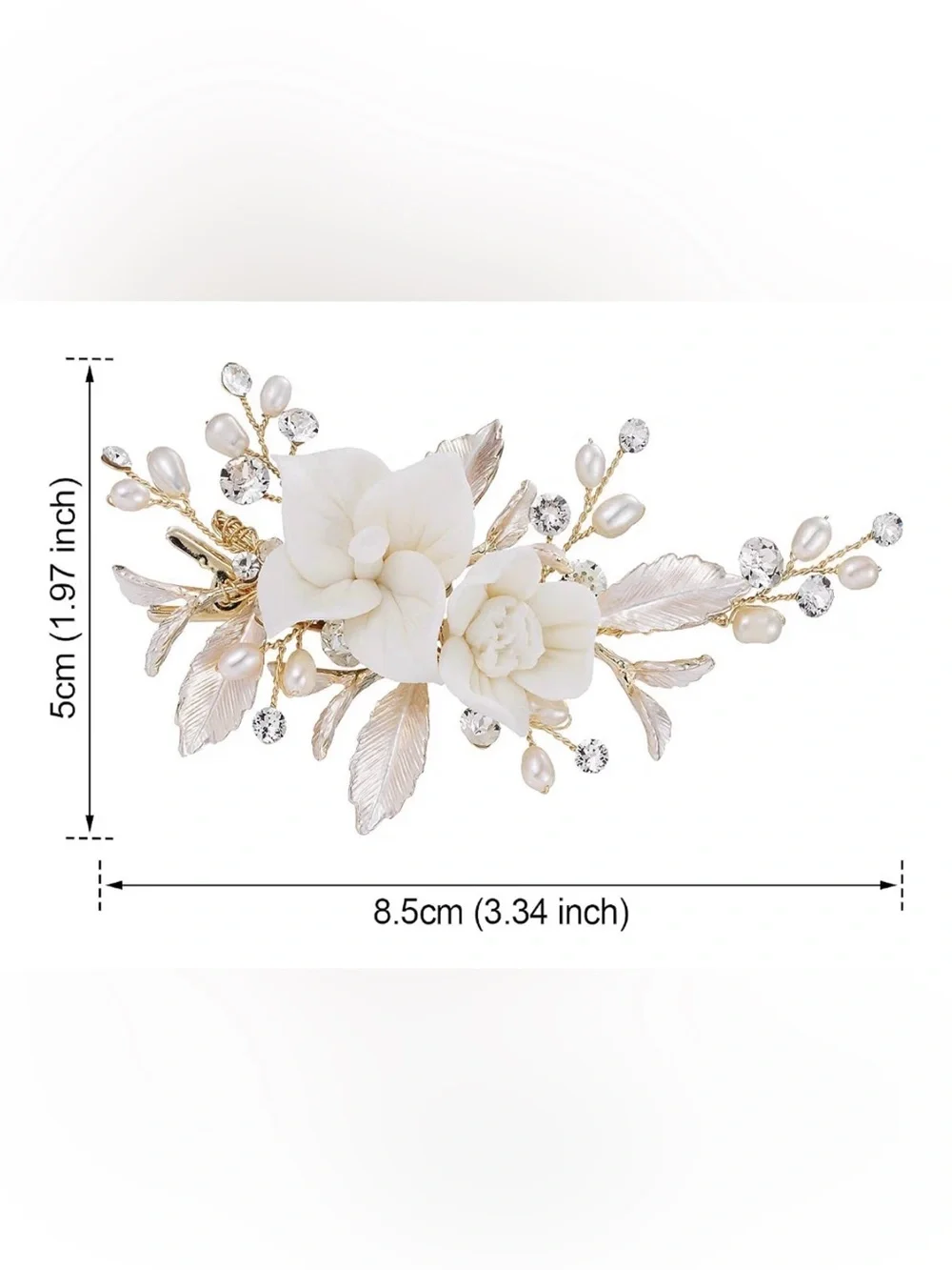 Elegant Cream Floral Hair Clip with Gold Leaves